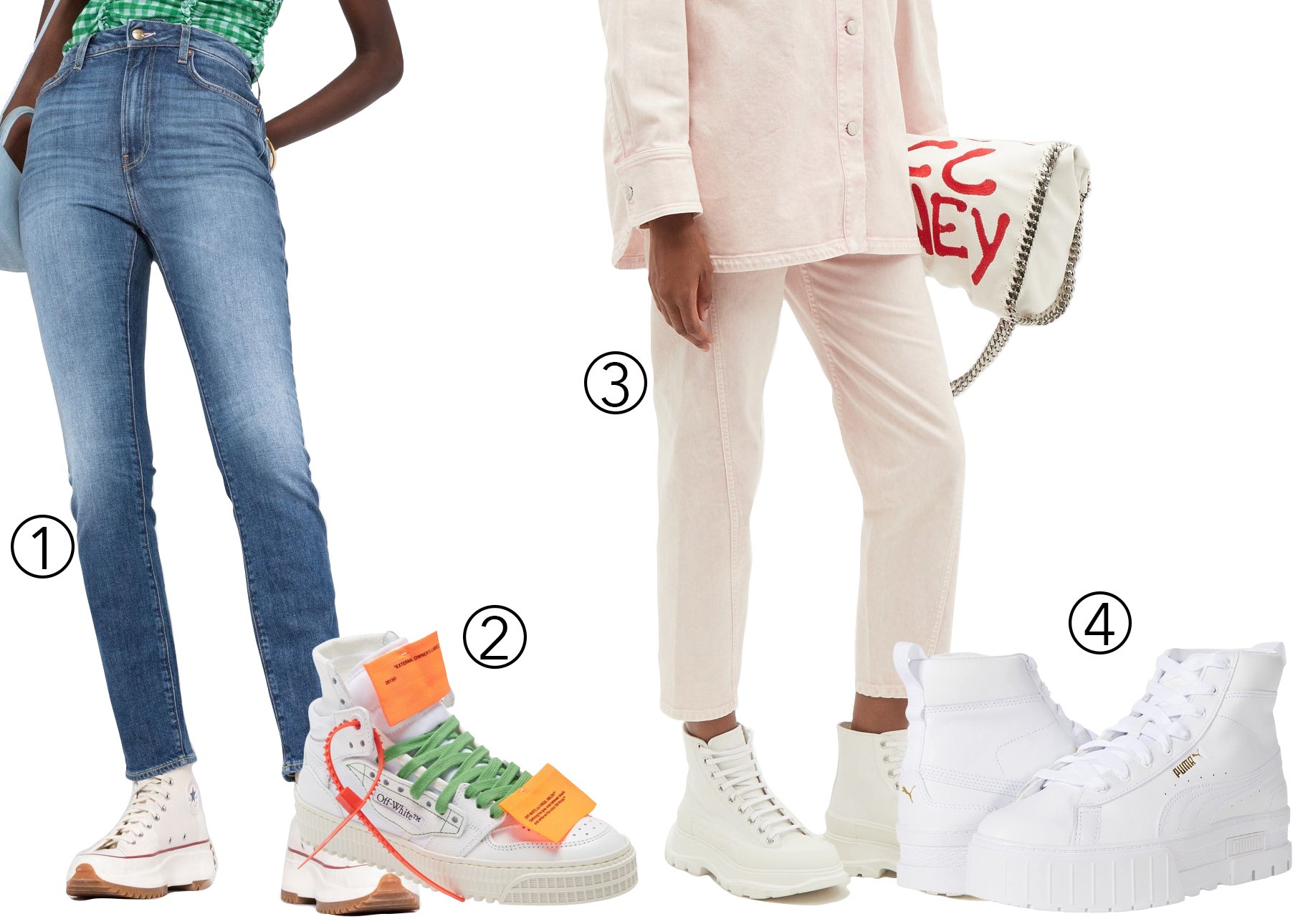 1. Washington Dee Cee Mid-Rise Skinny Jeans; 2. Off-White Off Court 3.0 High Top Sneaker; 3. Stella McCartney Twisted-seam Slim-leg Jeans; 4. Puma Mayze Sneakers