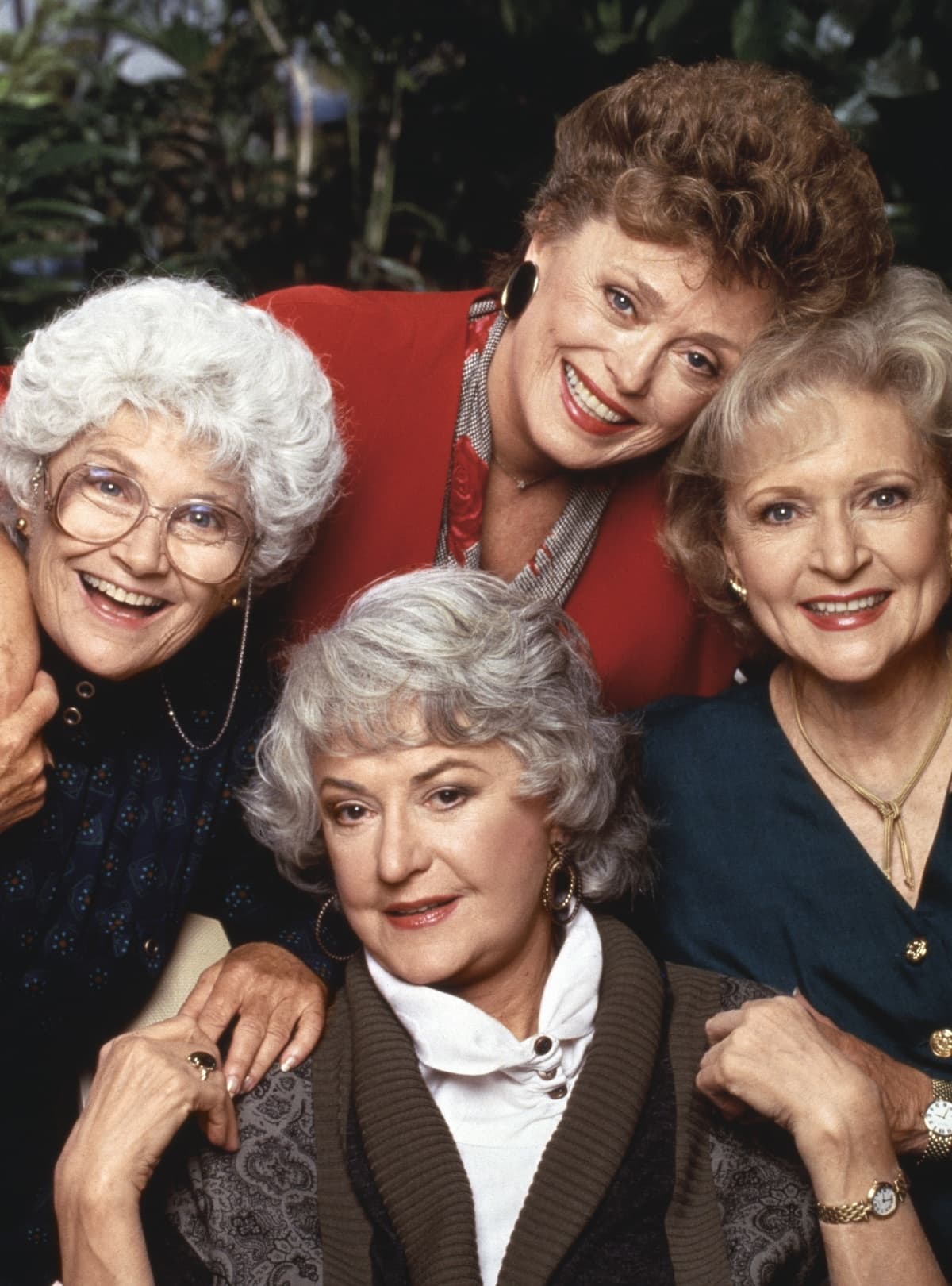 Estelle Getty, Rue McClanahan, Betty White, and Bea Arthur as the beloved main cast of The Golden Girls