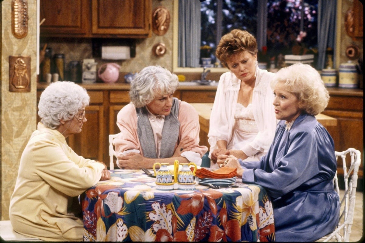 Estelle Getty as Sophia Petrillo, Bea Arthur as Dorothy Zbornak, Rue McClanahan as Blanche Devereaux, and Betty White as Rose Nylund in the 1985 sitcom The Golden Girls