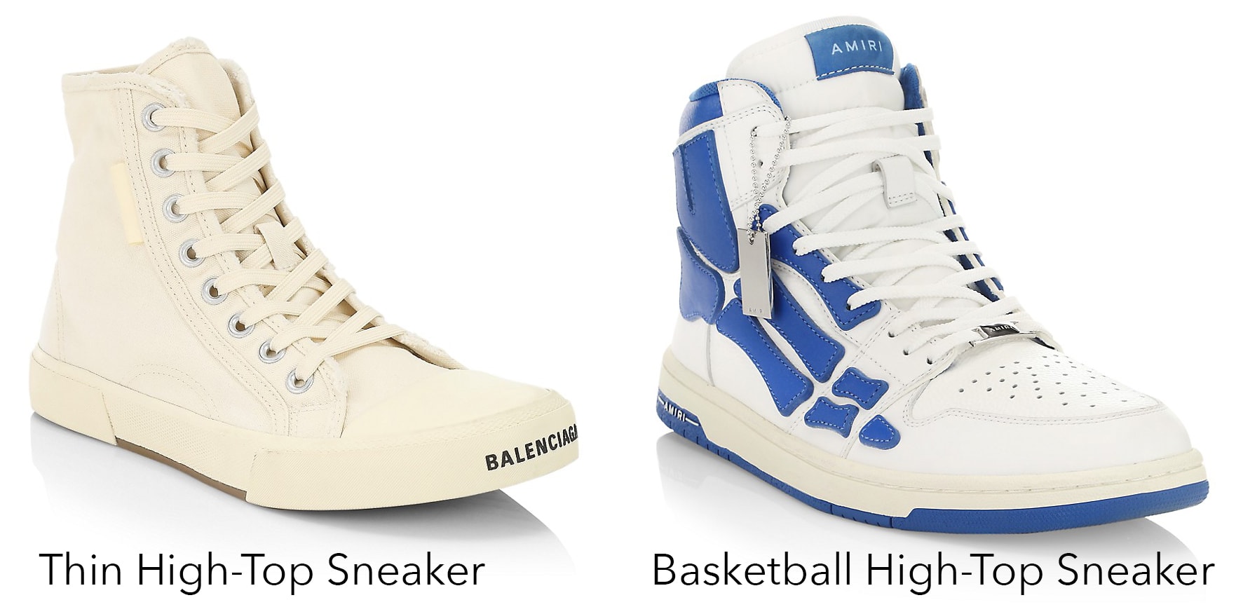 Thin high-top sneakers are lightweight and have a narrow design while basketball high-tops are sportier and made of sturdy materials