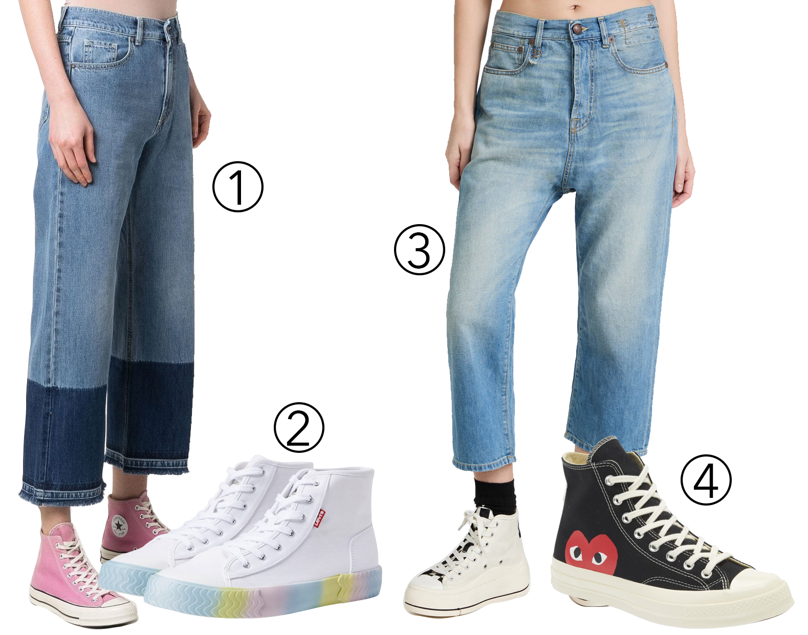 1. P.A.R.O.S.H. Crop Wide-leg Jeans; 2. Levi's Shoes Modern Hi Dreamy Factory; 3. R13 Tailored Drop Jeans; 4. Comme Des Garçons Play x Converse Chuck Taylor Hidden Heart High Top Sneaker