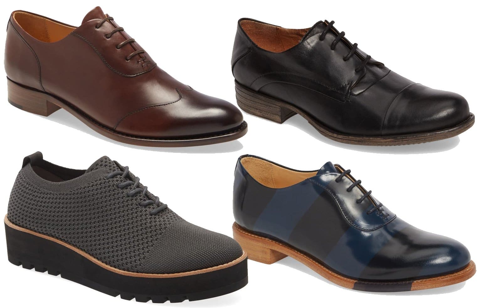 Aside from the usual neutrals, oxford shoes now come in an array of colors, prints, and materials