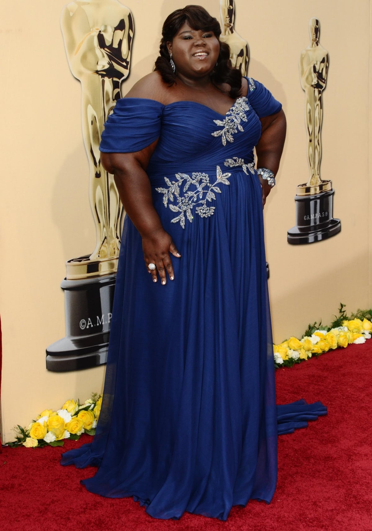 Gabourey 'Gabby' Sidibe in a sparkling blue off-the-shoulder Marchesa dress at the 82nd Annual Academy Awards