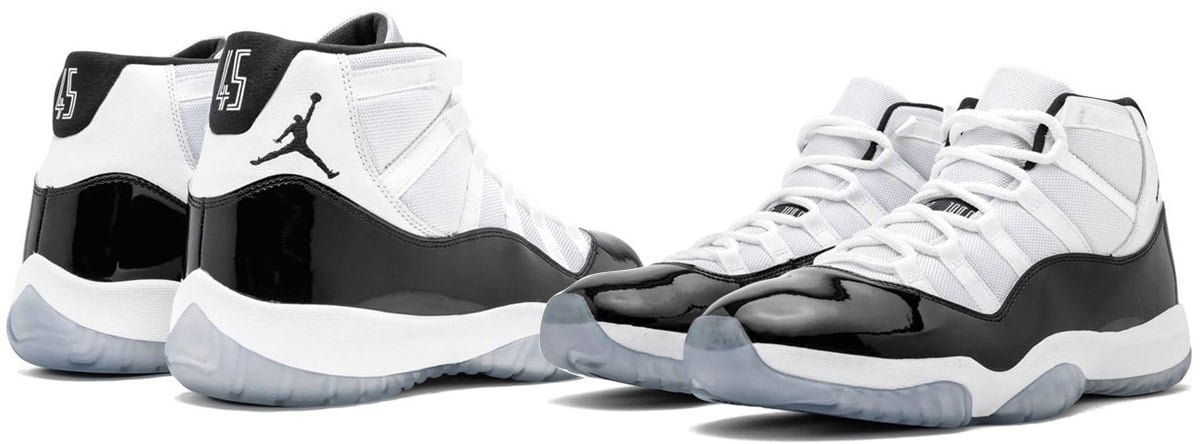 A remastered version of the Air Jordan 11 worn by Michael Jordan in 1995 and 1996, the Air Jordan 11 Concord features the number 45 — the uniform number Jordan initially wore when he returned from his first retirement in 1995 — replacing the traditional 23 on the heels