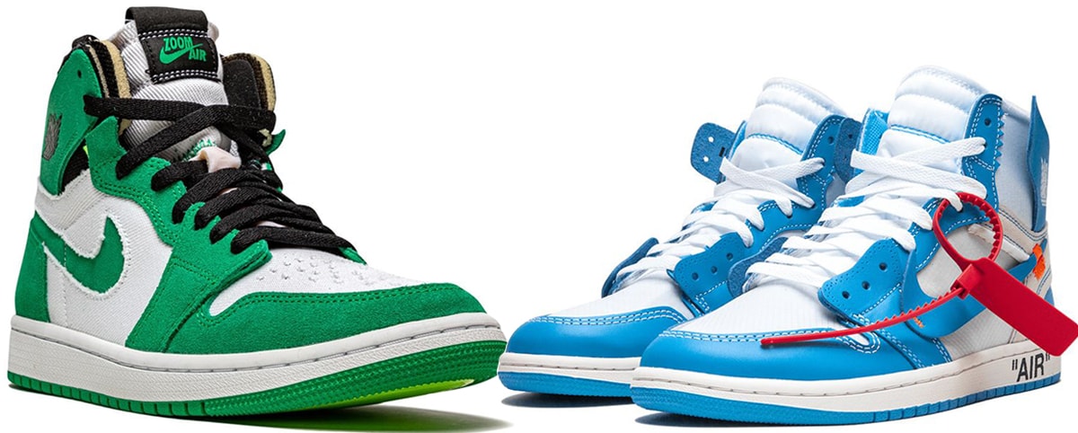 The Air Jordan 1 Zoom Comfort in Stadium Green (left) retails for just $115 while the Air Jordan x Off-White collaboration (right) sells for $2,500