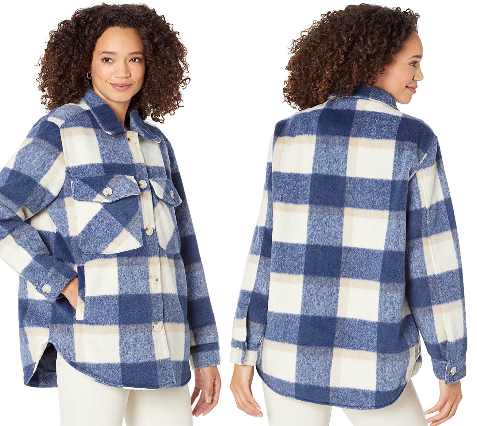 Casual elegance defined, Blank NYC's plaid shirt jacket with a relaxed fit, point collar, and practical pockets