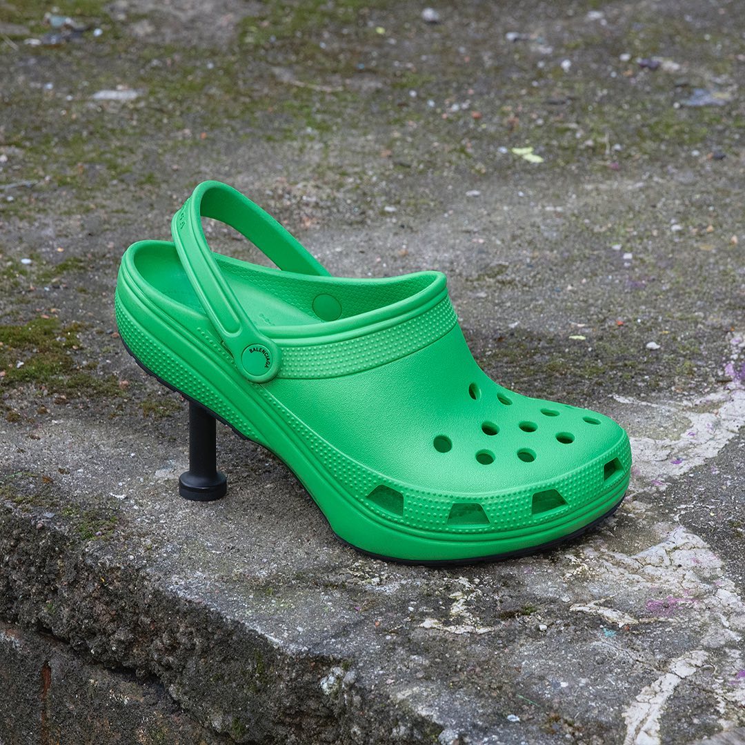 Balenciaga teamed with Crocs to create a stiletto version of the recognizable clogs with plenty of holes and a logo-embossed strap to the rear