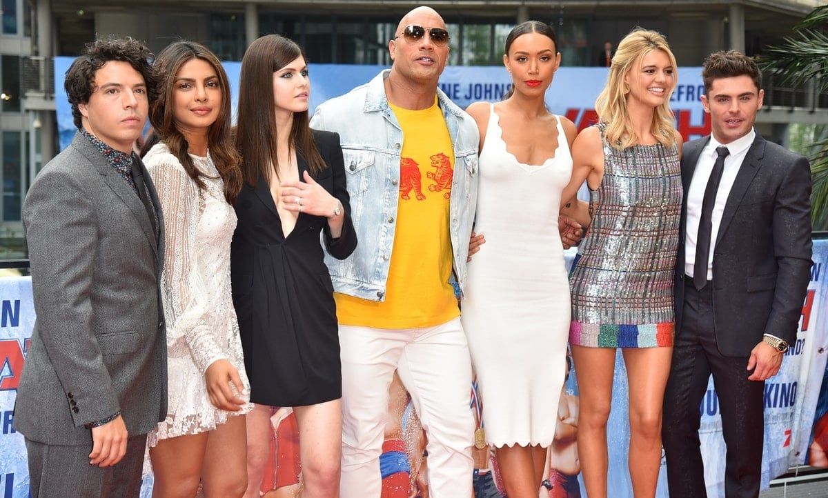 "Baywatch" cast members Priyanka Chopra, Alexandra Daddario, Dwayne Johnson, Ilfenesh Hadera, Kelly Rohrbach and Zac Efron