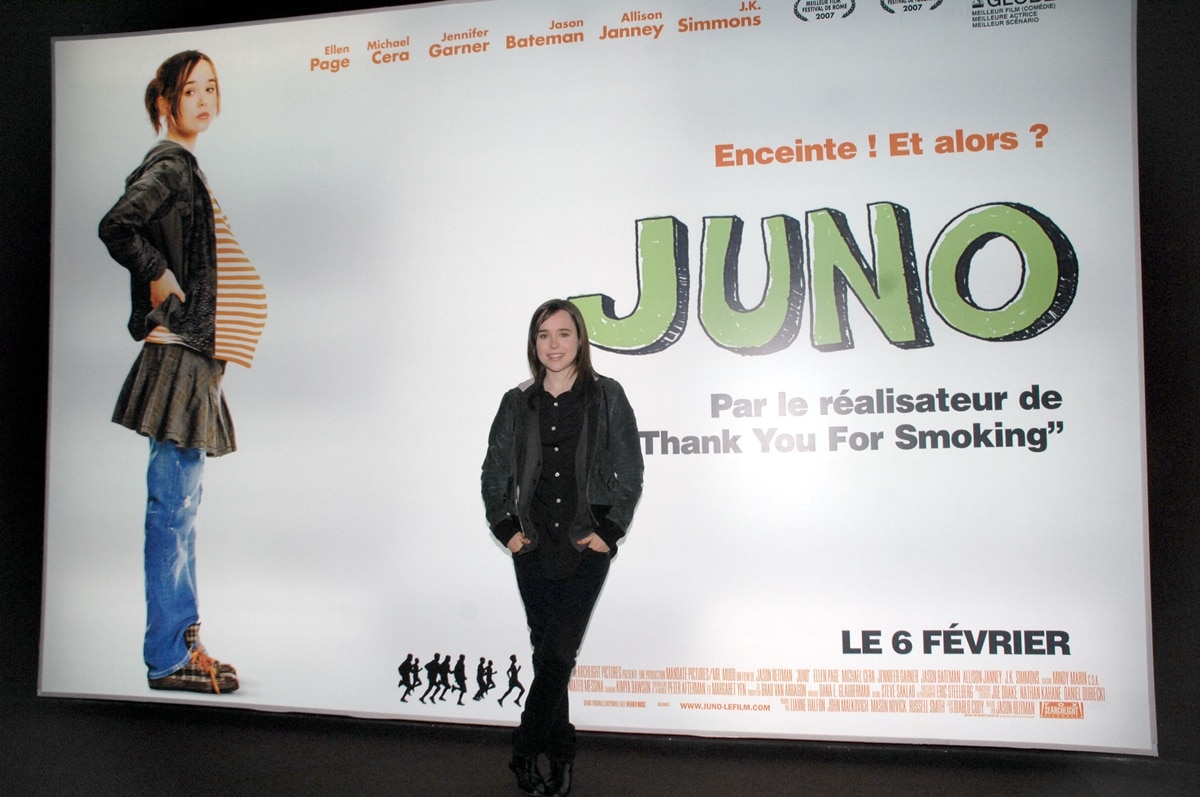 Elliot Page keeps it effortlessly cool in an all-black ensemble featuring a leather jacket, button-up shirt, and sleek boots while attending the Juno French premiere at Marignan Theater in Paris on January 21, 2008