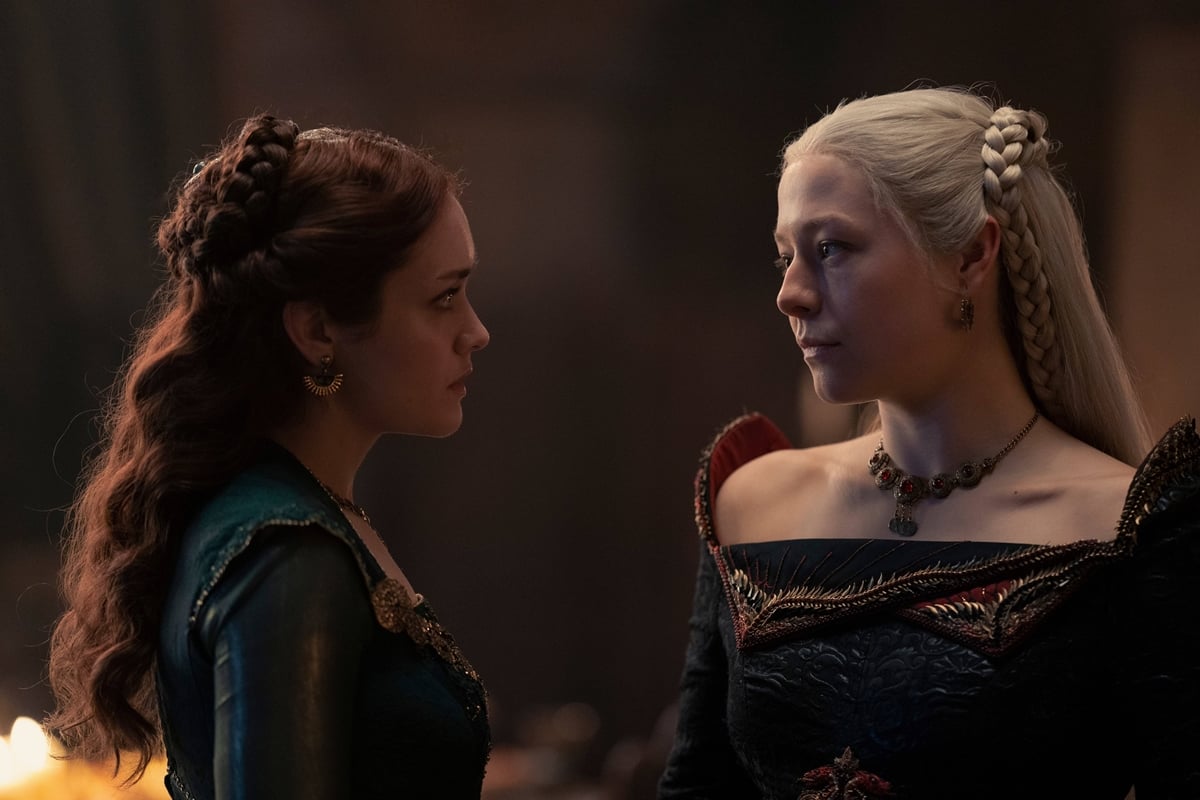 Emma D'Arcy as Princess Rhaenyra Targaryen and Olivia Cooke as Lady Alicent Hightower in House of the Dragon, a prequel to Game of Thrones
