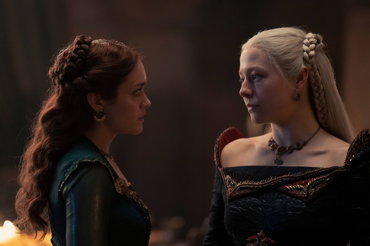 Emma D'Arcy as Princess Rhaenyra Targaryen and Olivia Cooke as Lady Alicent Hightower in House of the Dragon, a prequel to Game of Thrones