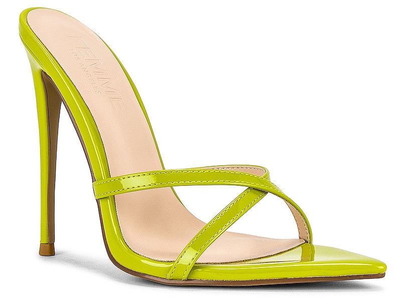 The Femme LA Donatella features open pointed toes, crisscross front straps, and high stiletto heels