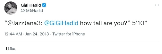 Gigi Hadid claims on Twitter her height is 5' 10" (178 cm)