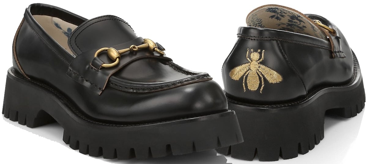 These Gucci loafers are updated with thick lug soles and the fashion house's gold-tone bee embroidery