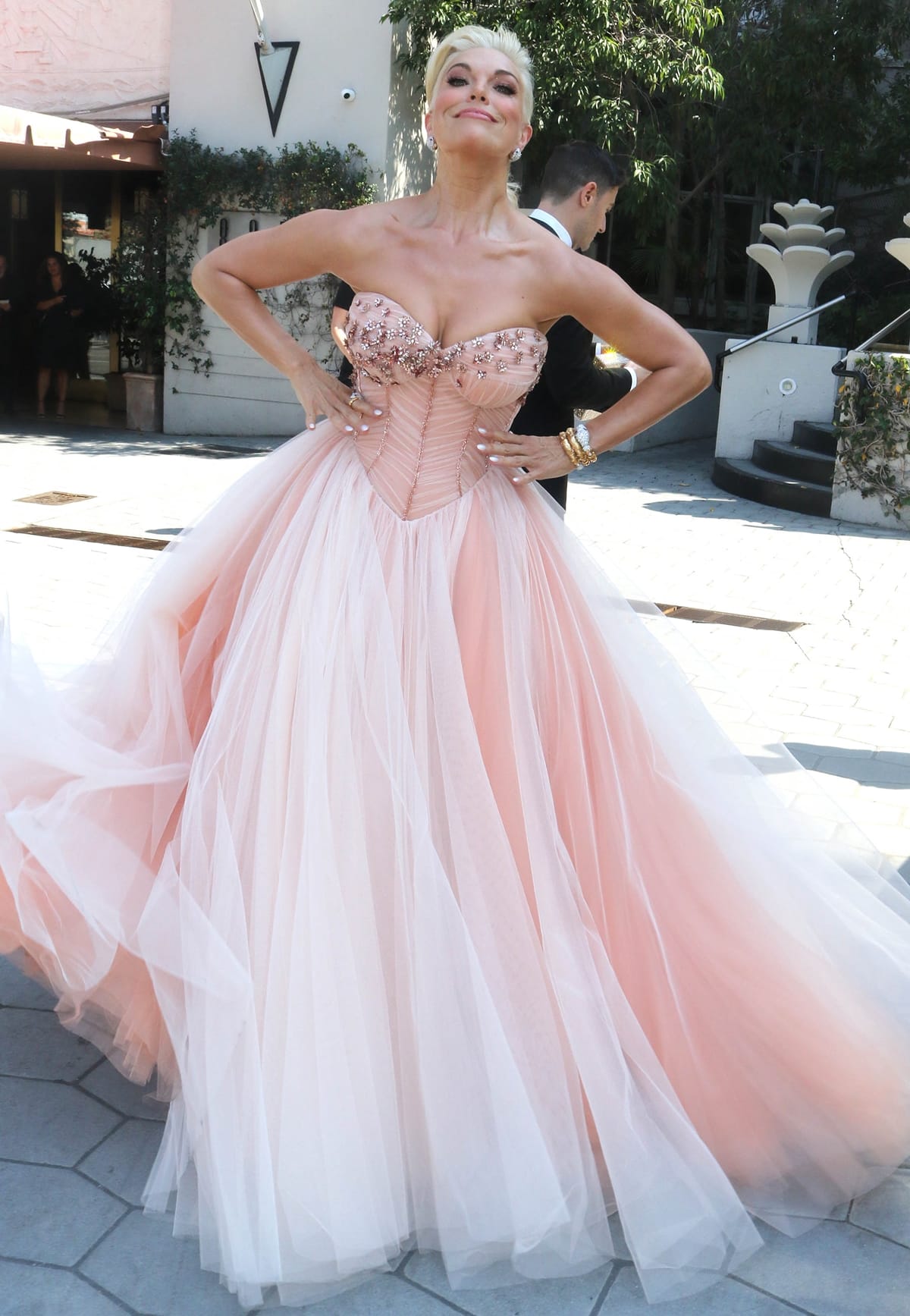 Hannah Waddingham in a pink tulle Dolce and Gabbana gown before the 2022 Emmy Awards