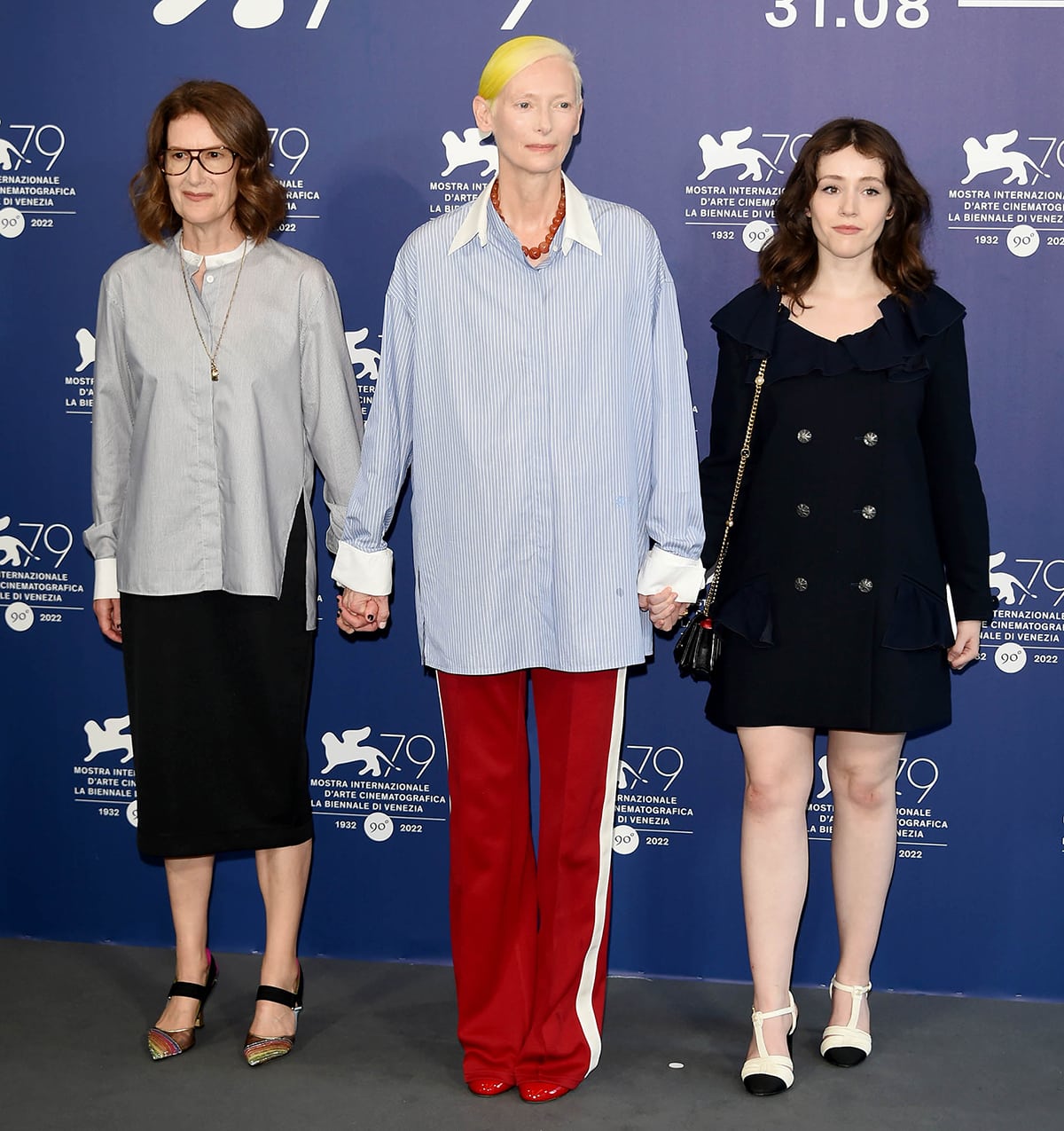 Director Joanna Hogg, Tilda Swinton, and Carly-Sophia Davies at The Eternal Daughter photocall during the 79th Venice Film Festival on September 6, 2022