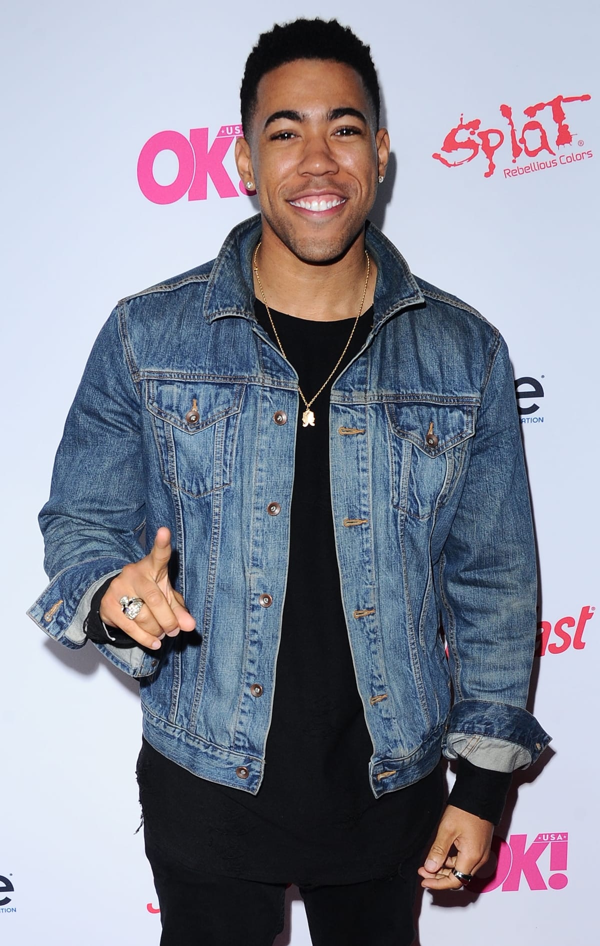 Kevin Miles in a denim jacket at OK! Magazine's Pre-GRAMMY Event at Avalon Hollywood
