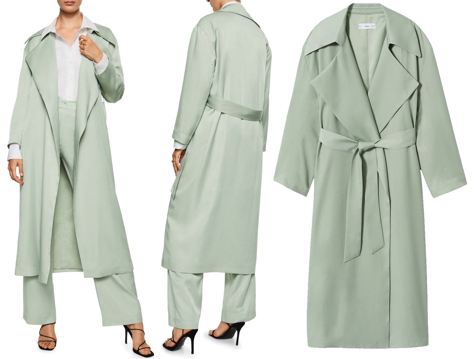 Chic and sophisticated, Mango's fluid trench coat in a delicate pastel green hue, is a stylish fall must-have