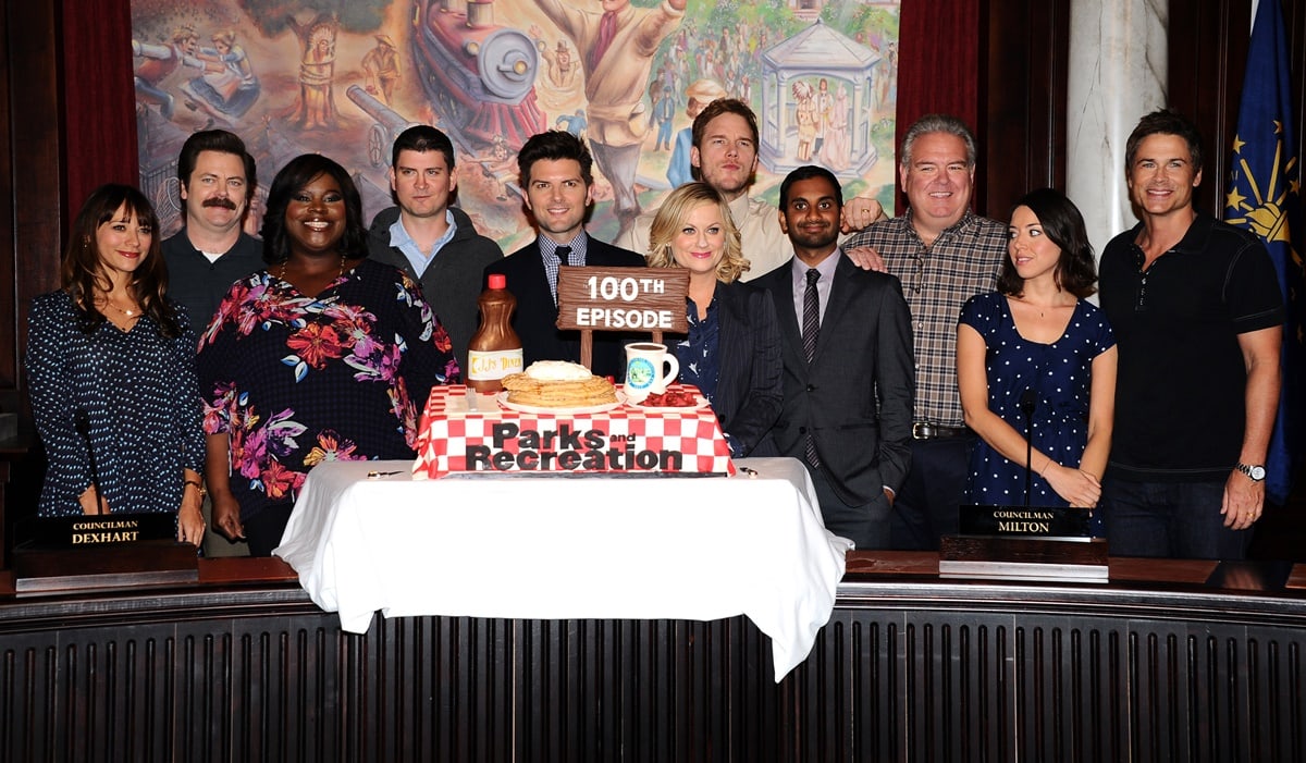 The cast of Parks and Recreation: Rashida Jones, Nick Offerman, Retta, Michael Schur, Adam Scott, Amy Poehler, Chris Pratt, Aziz Ansari, Jim O'Heir, Aubrey Plaza, Rob Lowe at the 100th Episode Celebration for Parks and Recreation