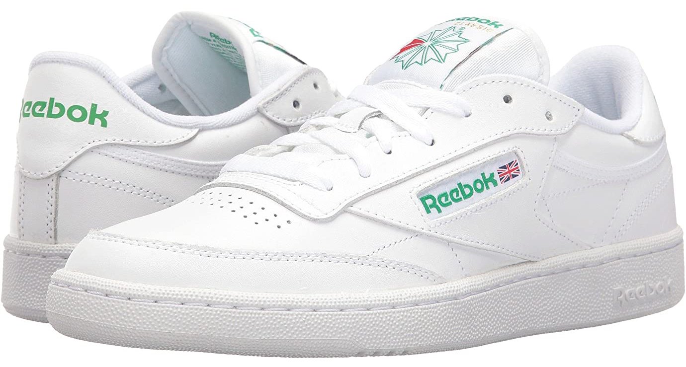 The Reebok Club C 85 is a classic tennis-style shoe made of white leather with shock-absorbing EVA midsoles