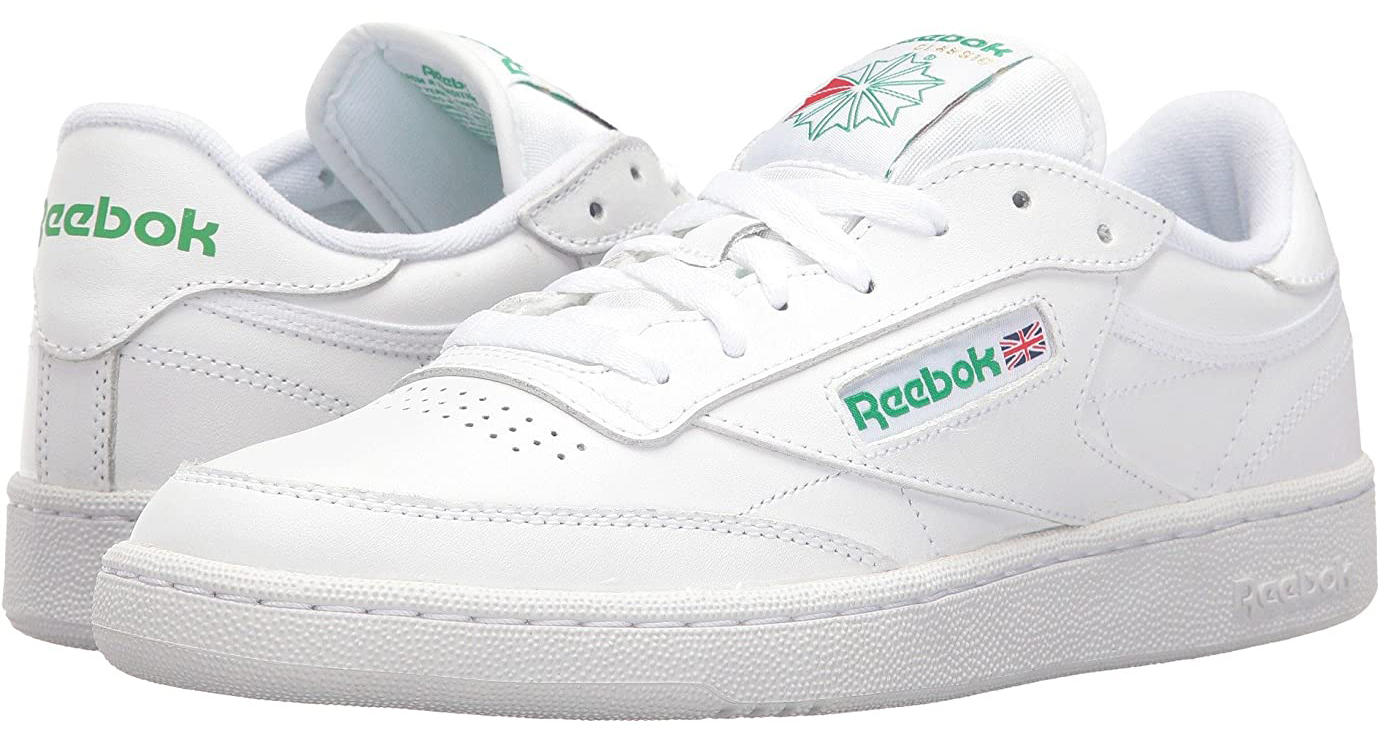 The Reebok Club C 85 is a classic tennis-style shoe made of white leather with shock-absorbing EVA midsoles