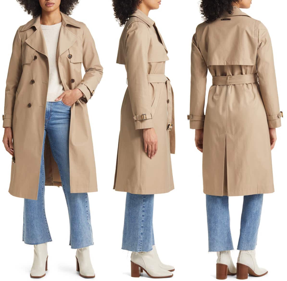 Timeless elegance in a water-repellent trench coat featuring distinct notched lapels and a classic buckled belt