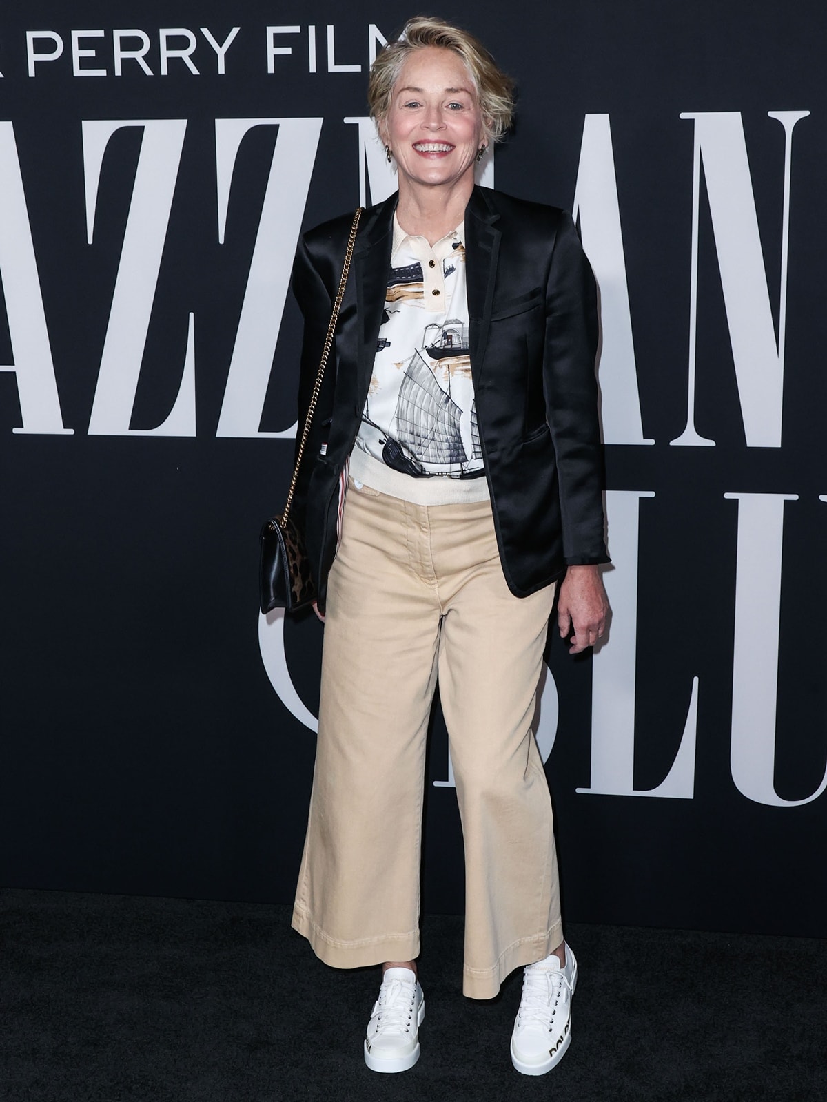 Sharon Stone rocks white Dolce & Gabbana sneakers at a Los Angeles Special Screening of Netflix's A Jazzman's Blues