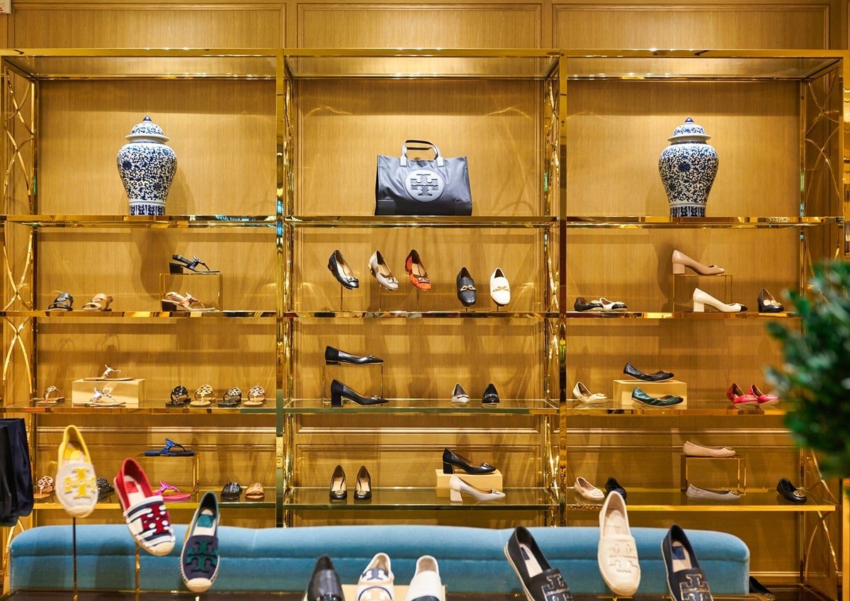 Tory Burch handbags and shoes on display at one of the designer's official stores