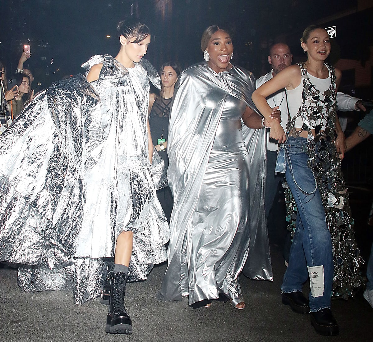 Bella Hadid, Serena Williams, and Gigi Hadid at Vogue's 130th Anniversary fashion show in New York City’s Meatpacking District