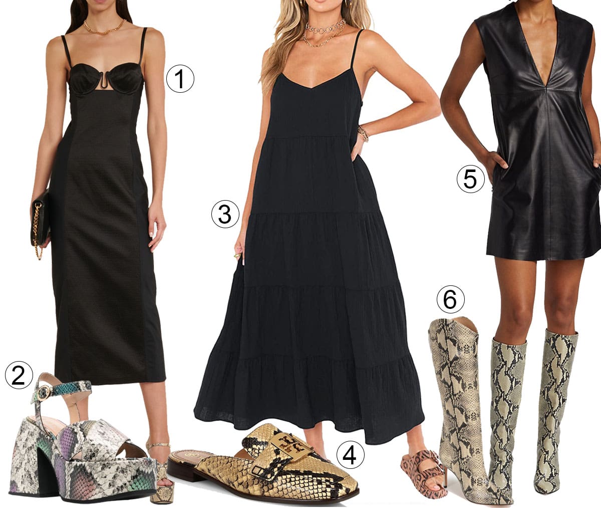 1. Gucci Silk Duchesse Midi Dress; 2. Nodaleto Snakeskin Platform Sandal; 3. Show Me Your Mumu Caroline Maxi Dress; 4. Tory Burch Georgia Snake-Embossed Loafer Mule; 5. Sportmax Cabina Leather Plunge Dress; 6. Schutz Maryana Pointed Toe Boot