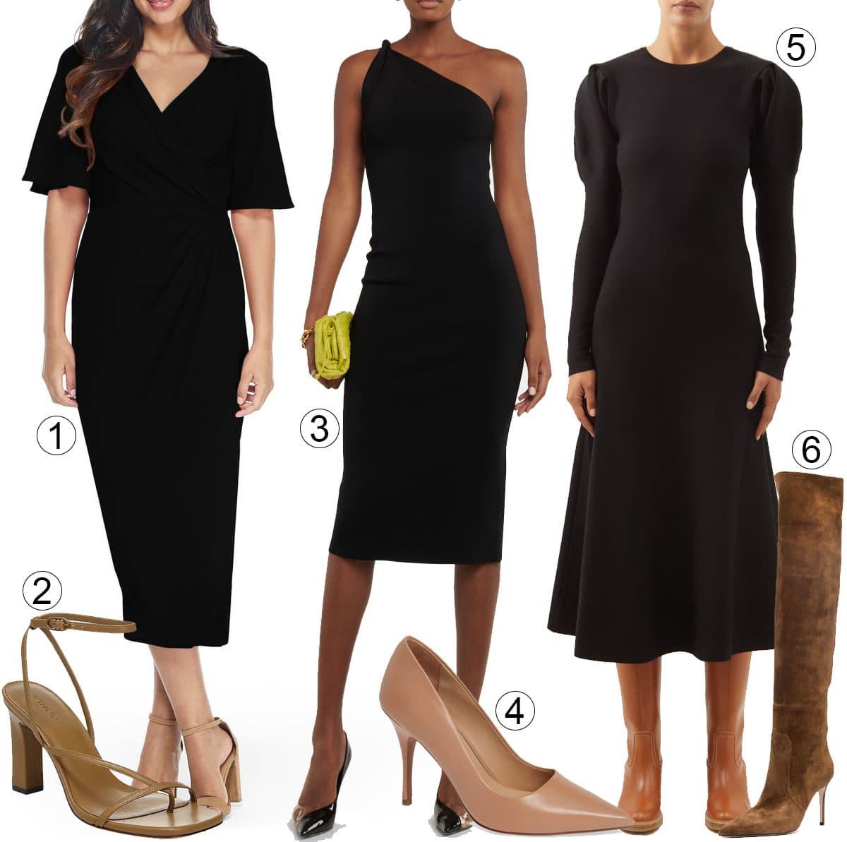 1. Maggy London Flutter Sleeve Faux Wrap Midi Dress; 2. Vince Qiana Strappy Leather Sandal; 3. Galvan Persephone One-Shoulder Midi Dress; 4. Linea Paolo Payton Pointy Toe Pump; 5. Gabriela Hearst Hannah Gathered-Shoulder Wool Dress; 6. Scarosso x Brian Atwood Carra Boots