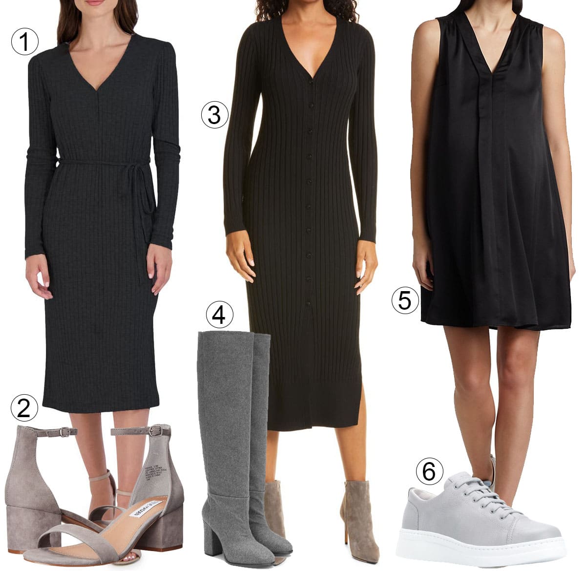 1. Julia Jordan Rib Tie Waist Long Sleeve Sweater Dress; 2. Steve Madden Irenee Sandals; 3. Club Monaco Ribbed Long Sleeve Wool Sweater Dress; 4. Dries Van Noten OTK Boots; 5. Emilia George Fabric Matters Cecilia Trapeze Maternity Midi-Dress; 6. Camper Runner-Up Sneaker