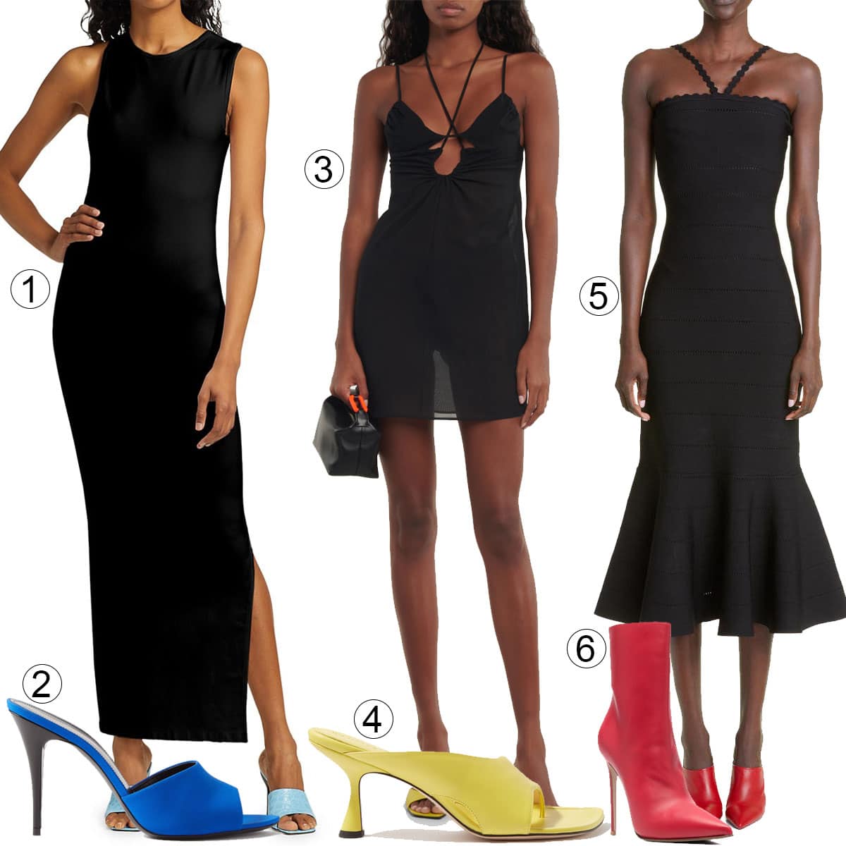 1. Simon Miller Lou Cutout Maxi Dress; 2. Saint Laurent La 16 95 Crepe de Chine Mules; 3. Nensi Dojaka Cutout Halterneck Minidress; 4. Wandler Julio Thong Mule Sandal; 5. Victoria Beckham Pointelle Stripe Scallop Strap Sweater Dress; 6. Le Silla Eva Ankle Boot