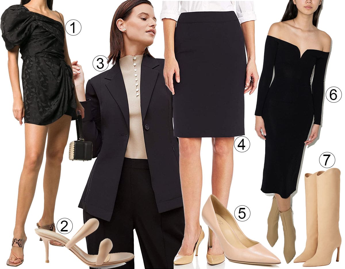 1. Isabel Marant One-Shoulder Triangle Dress; 2. Gianvito Rossi Padded Strap Sandals; 3. M.M LaFleur Moreland Jacket; 4. Calvin Klein Straight-Fit Suit Skirt; 5. Naturalizer Anna Pump; 6. Khaite Valeska Midi Dress; 7. Schutz Maryana Sculpt Boots