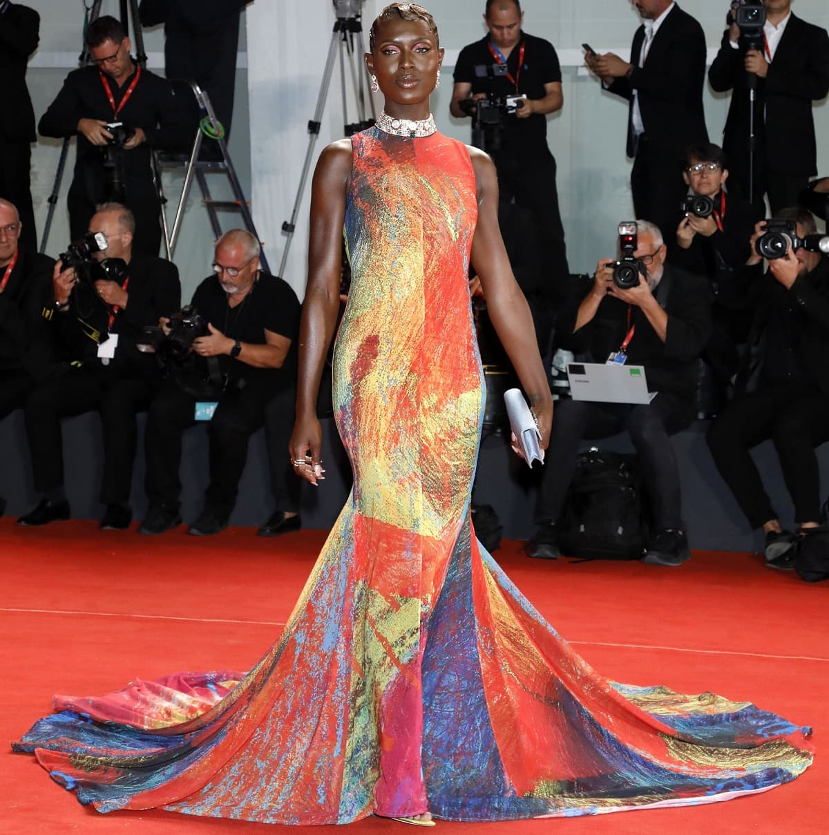 Jodie Turner-Smith looking stunning in a Christopher John Rogers multicolored gown with Jimmy Choo heels