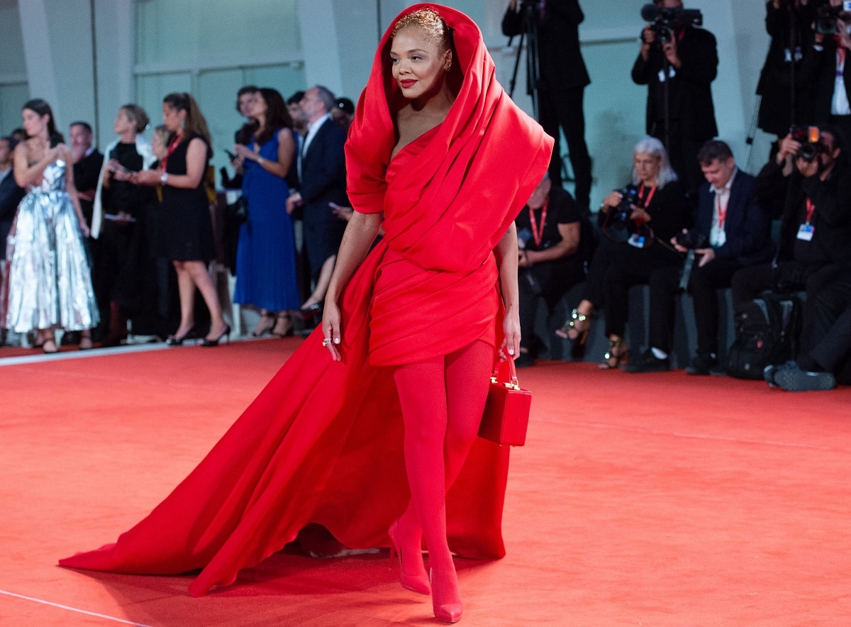 Tessa Thompson in her avant-garde Little Red Riding Hood look with an Elie Saab Fall 2022 Haute Couture gown and Christian Louboutin Pigalle Plato pumps