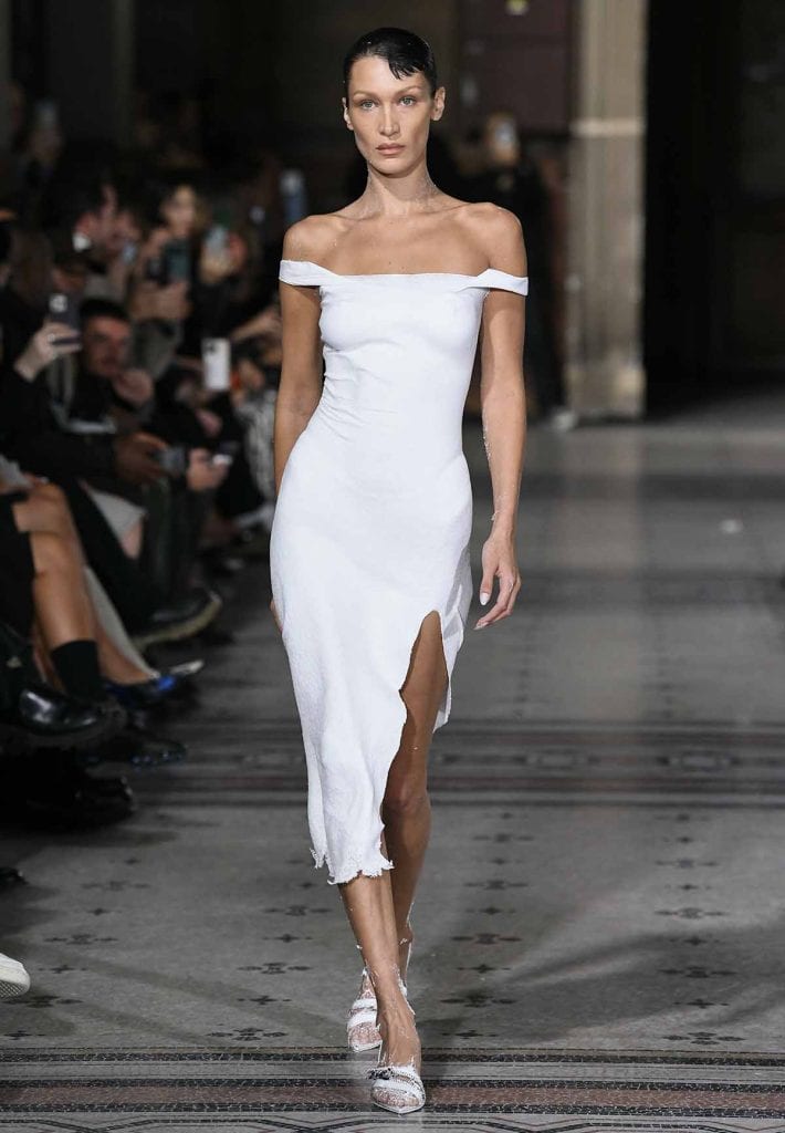 What was bella hadid s coperni spray on dress made from 