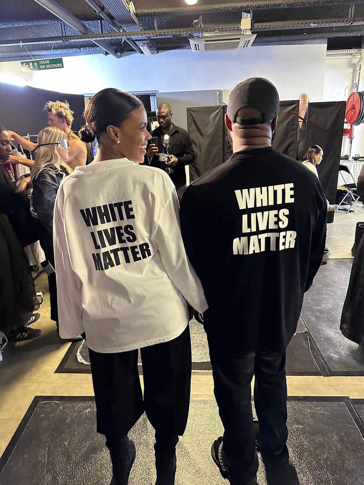 Talk show host and political commentator Candace Owens and Kanye West wearing White Lives Matters tees at Ye'z YZY SZ9 runway presentation