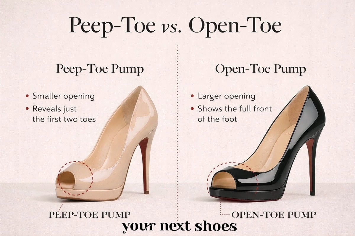 Comparison of peep-toe vs. open-toe pumps, showing the difference in toe exposure and shoe opening size