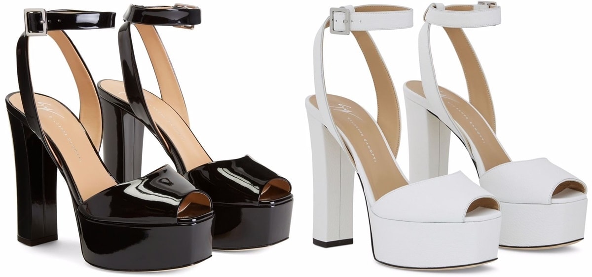 These ankle-strap sandals feature a peep-toe design, high block heels, and platform soles