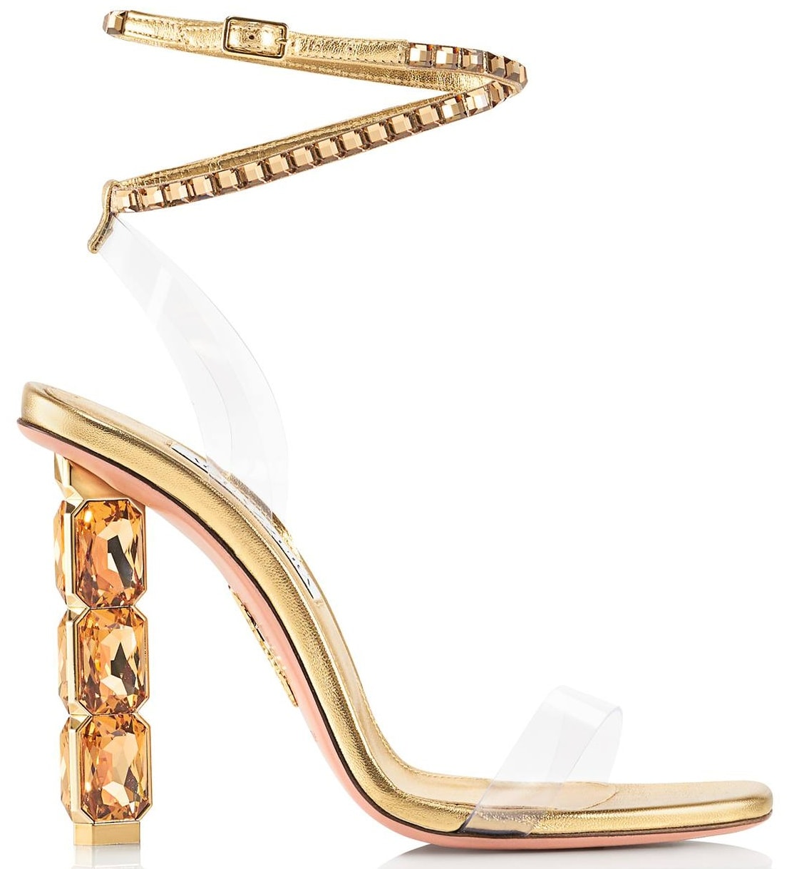 These sandals feature an open-toed design with statement heels and glittering ankle straps