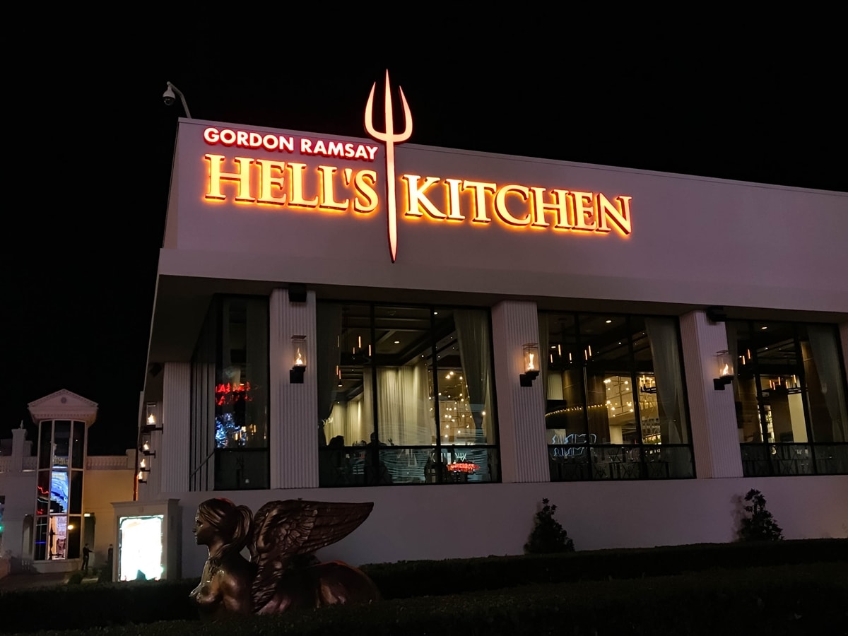 An illuminated sign above the Hell’s Kitchen restaurant in the Caesars Palace Hotel on Las Vegas Boulevard