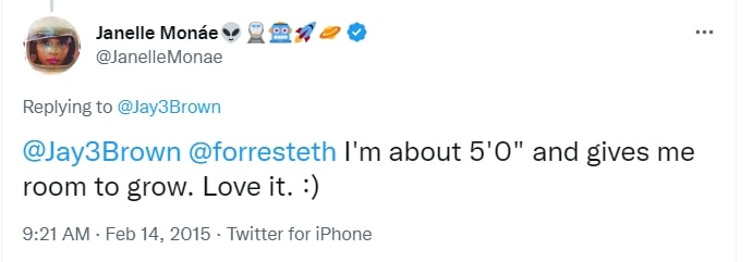 Janelle Monáe confirms on Twitter that her height is just 5ft 0 (152.4 cm)