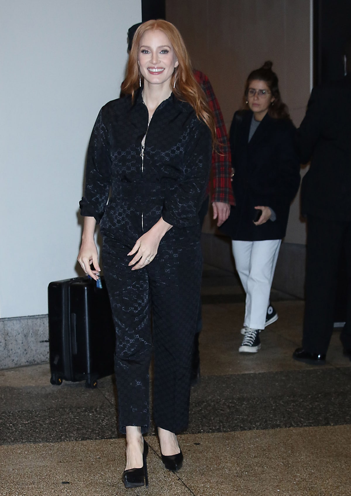 Jessica Chastain promotes The Good Nurse in a Gucci jumpsuit at CBS Mornings on October 19, 2022