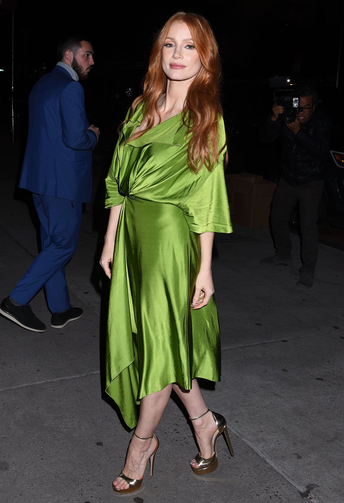 Jessica Chastain wows in a green Victoria Beckham wrap dress as she arrives for a Q&A at DGA Theater