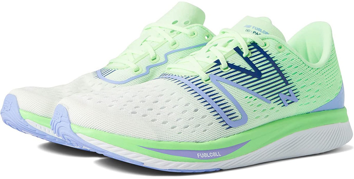 Designed for 5k to half-marathon distances, the FuelCell SuperComp Pacer boasts Energy Arc technology, a carbon fiber plate, and a double-layer springy FuelCell midsole to help propel strides forward