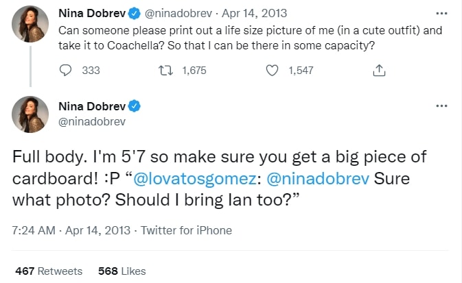 Nina Dobrev claims on Twitter her height is 5′ 7″ (169 cm)