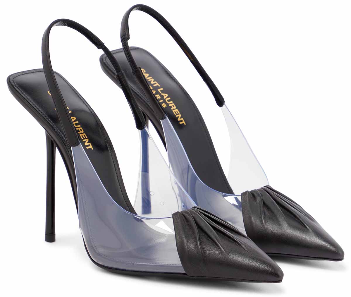 he Chica slingback pumps have ruched leather toe caps and clear PVC side panels