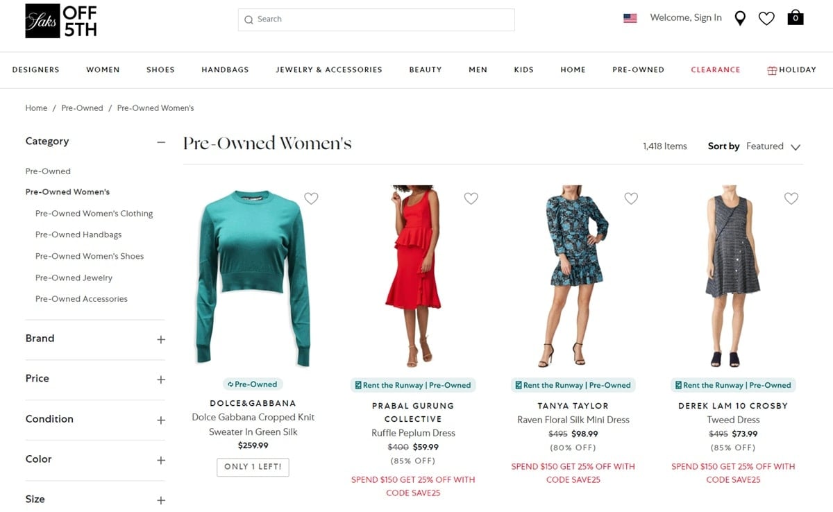 Saks Off 5th sells used items and preowned designer clothing from Rent the Runway