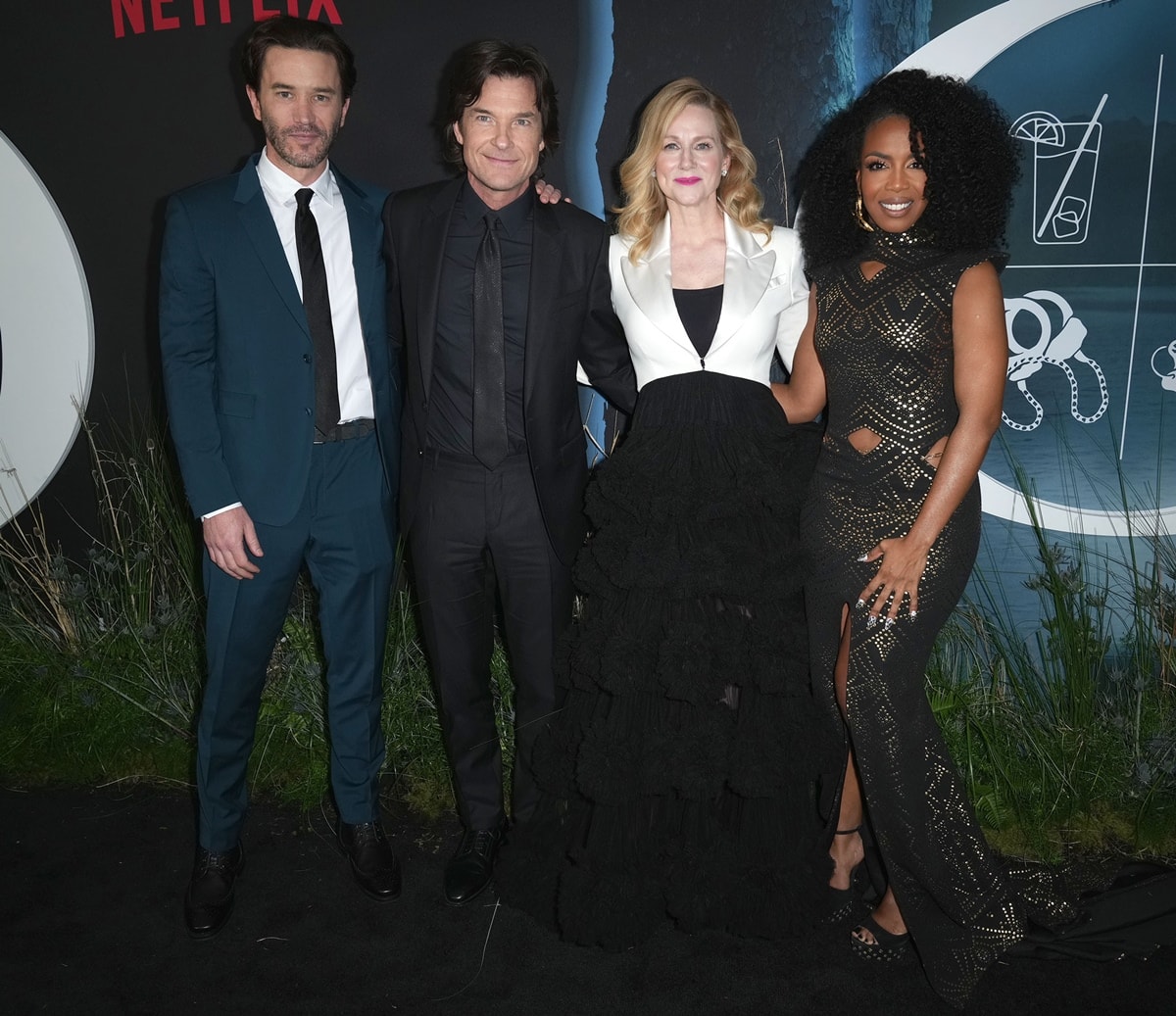 Tom Pelphrey (L) shows he's taller than Jason Bateman, Laura Linney, and Jessica Frances Dukes at Netflix's "Ozark" Season 4 Premiere